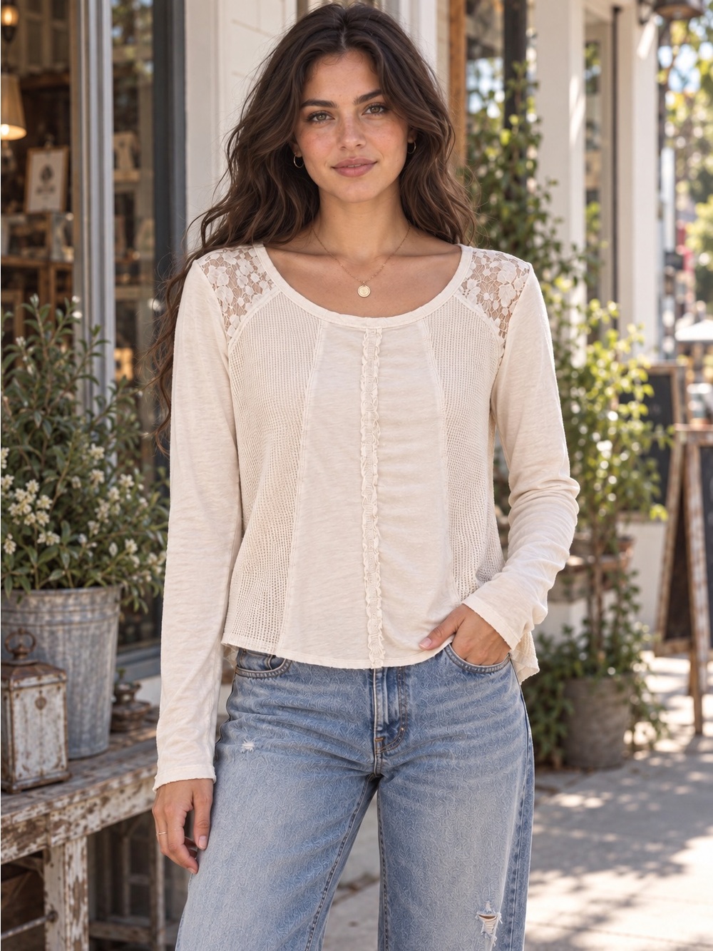 long-sleeve waffle-knit top lace shoulder inlays raw-edge panel
